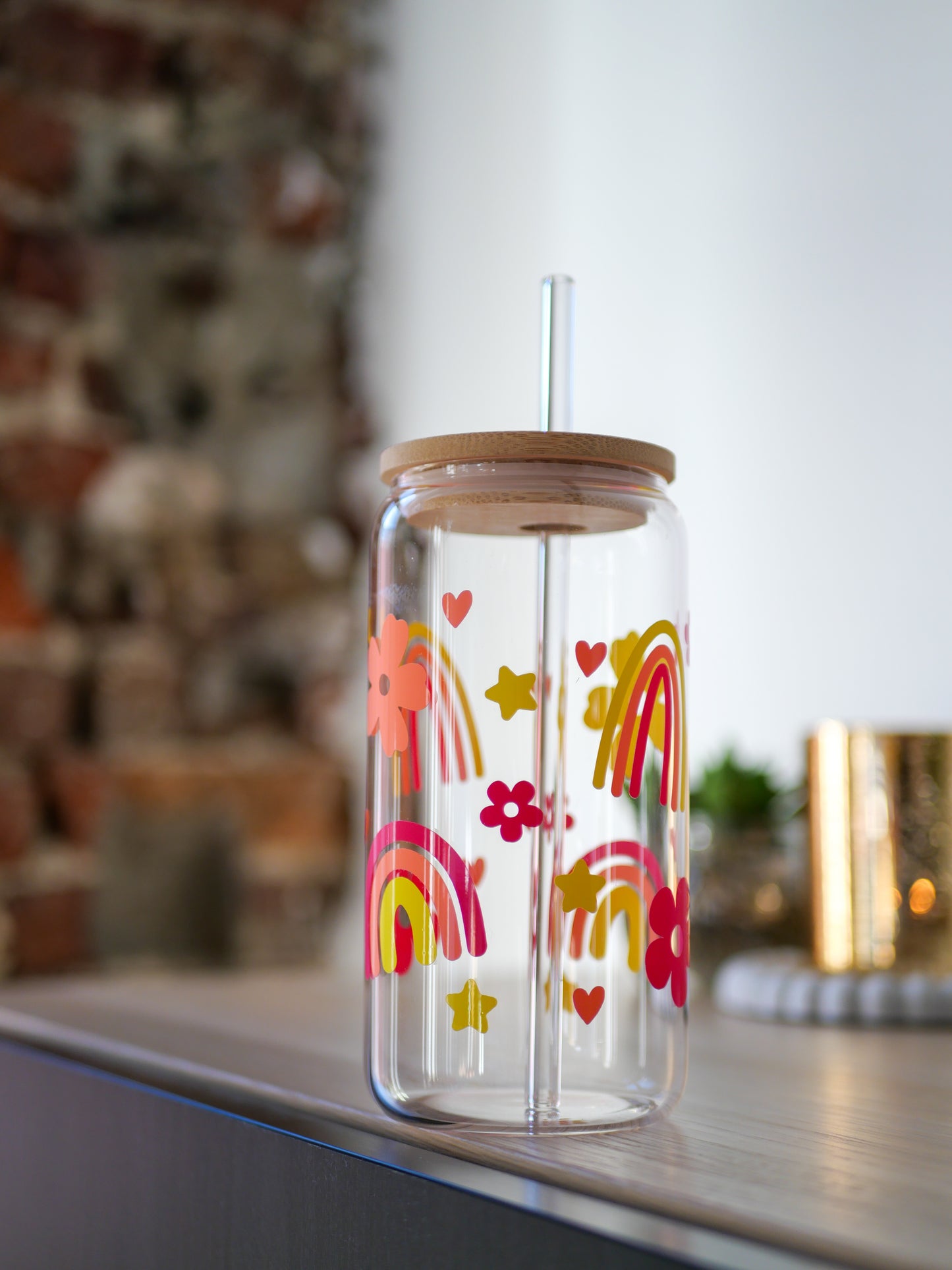 Gobelet en verre personnalisé Rainbow 🌈 avec paille en verre et couvercle en bambou 🧋