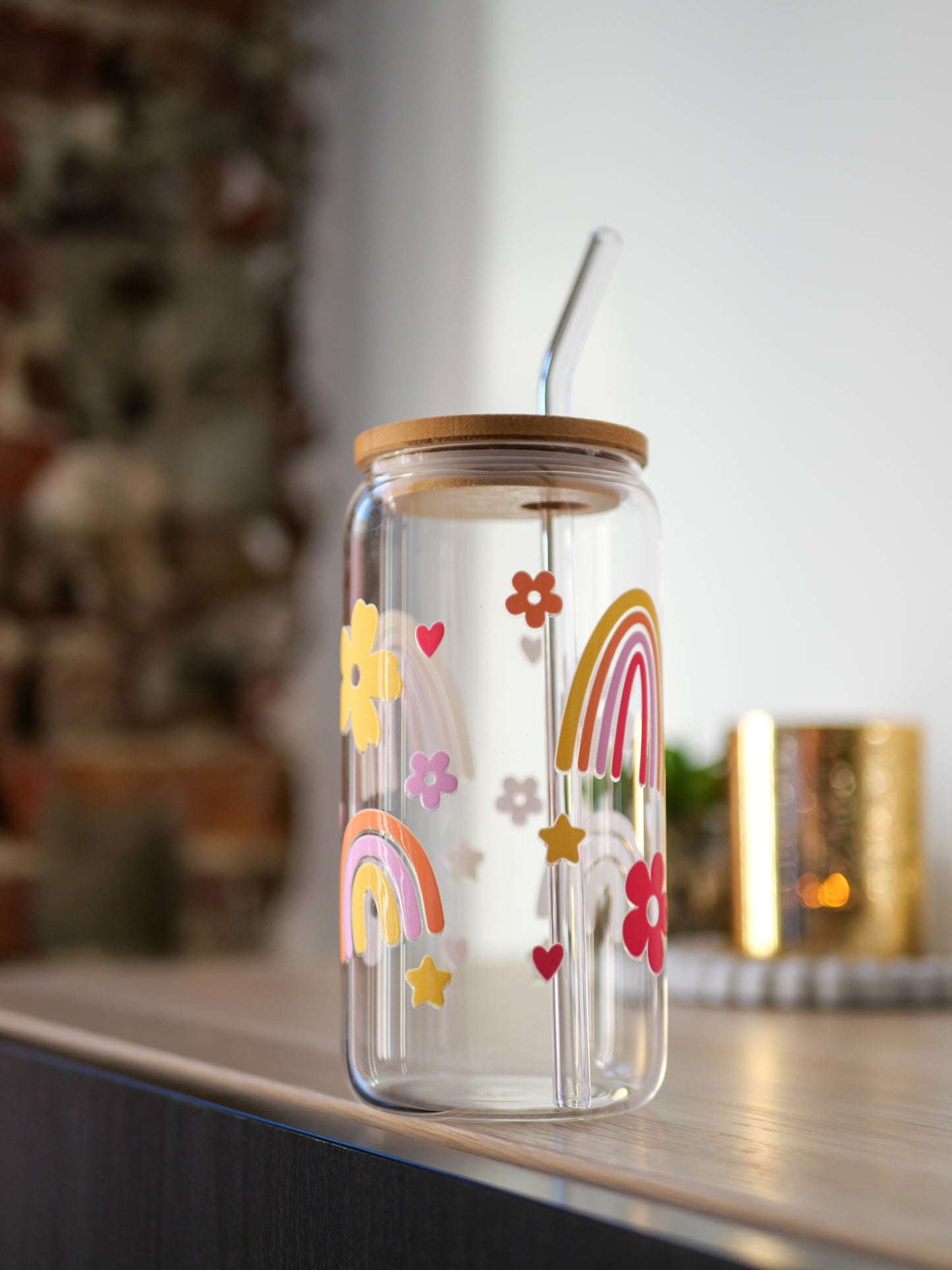 Gobelet en verre personnalisé Rainbow 🌈 avec paille en verre et couvercle en bambou 🧋