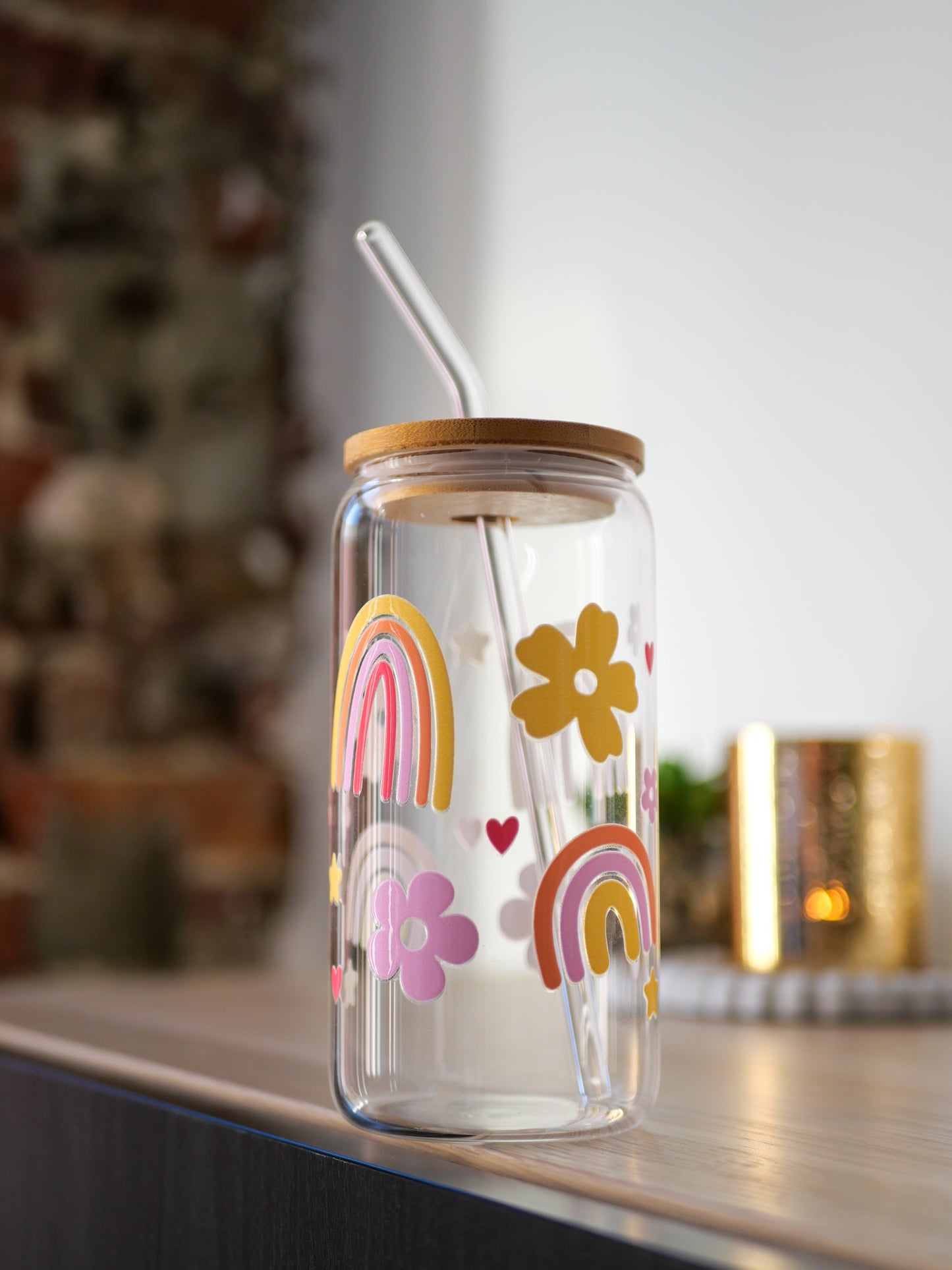 Gobelet en verre personnalisé Rainbow 🌈 avec paille en verre et couvercle en bambou 🧋