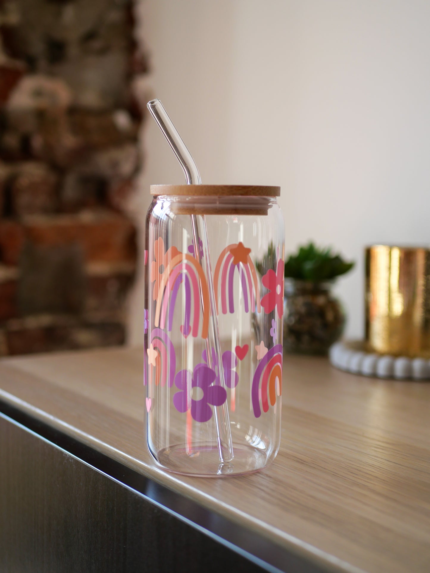 Gobelet en verre personnalisé Rainbow 🌈 avec paille en verre et couvercle en bambou 🧋