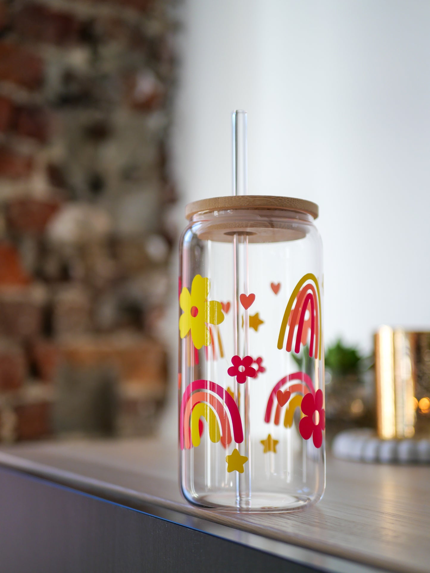 Gobelet en verre personnalisé Rainbow 🌈 avec paille en verre et couvercle en bambou 🧋