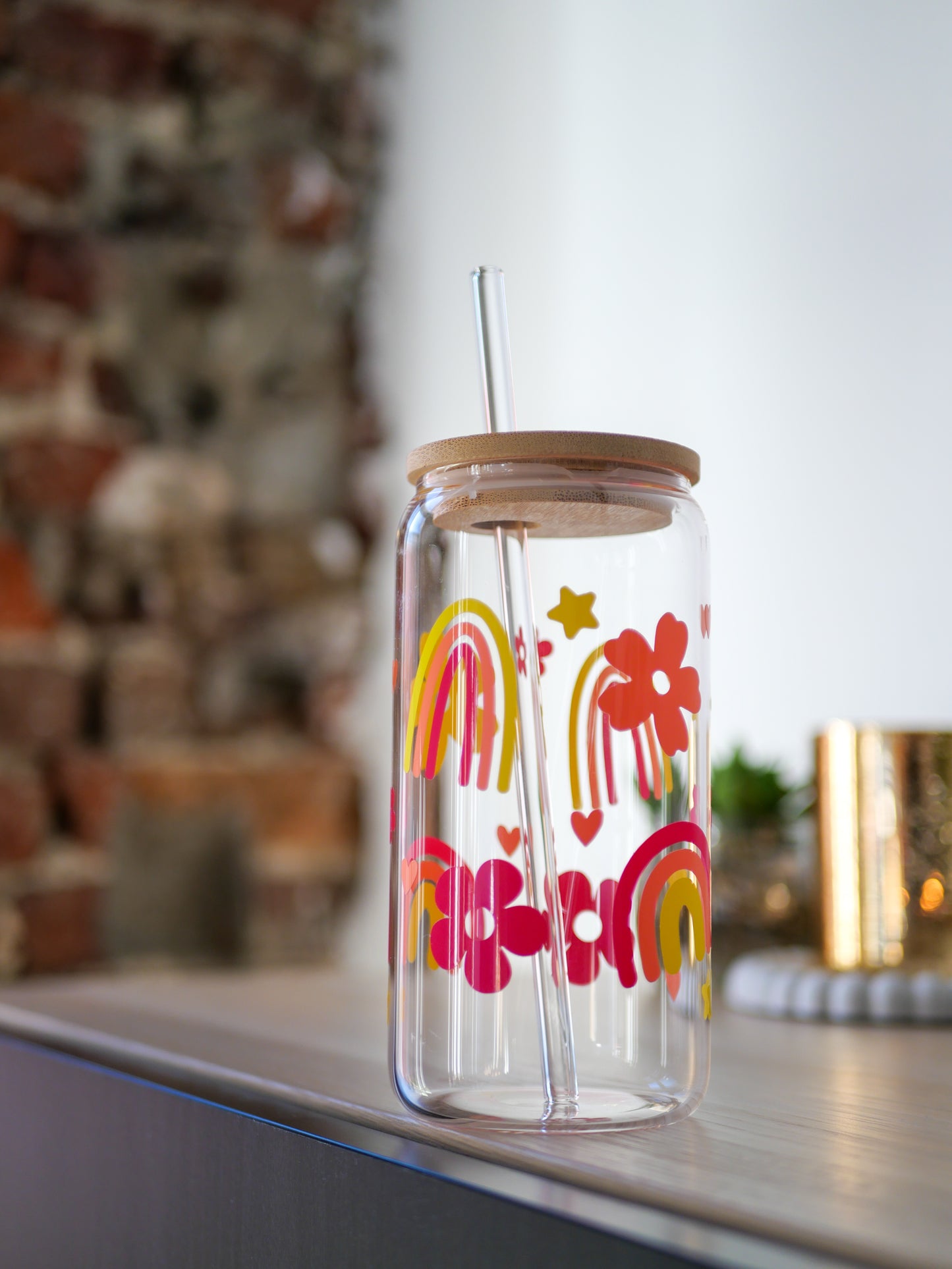 Gobelet en verre personnalisé Rainbow 🌈 avec paille en verre et couvercle en bambou 🧋