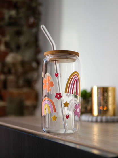 Gobelet en verre personnalisé Rainbow 🌈 avec paille en verre et couvercle en bambou 🧋