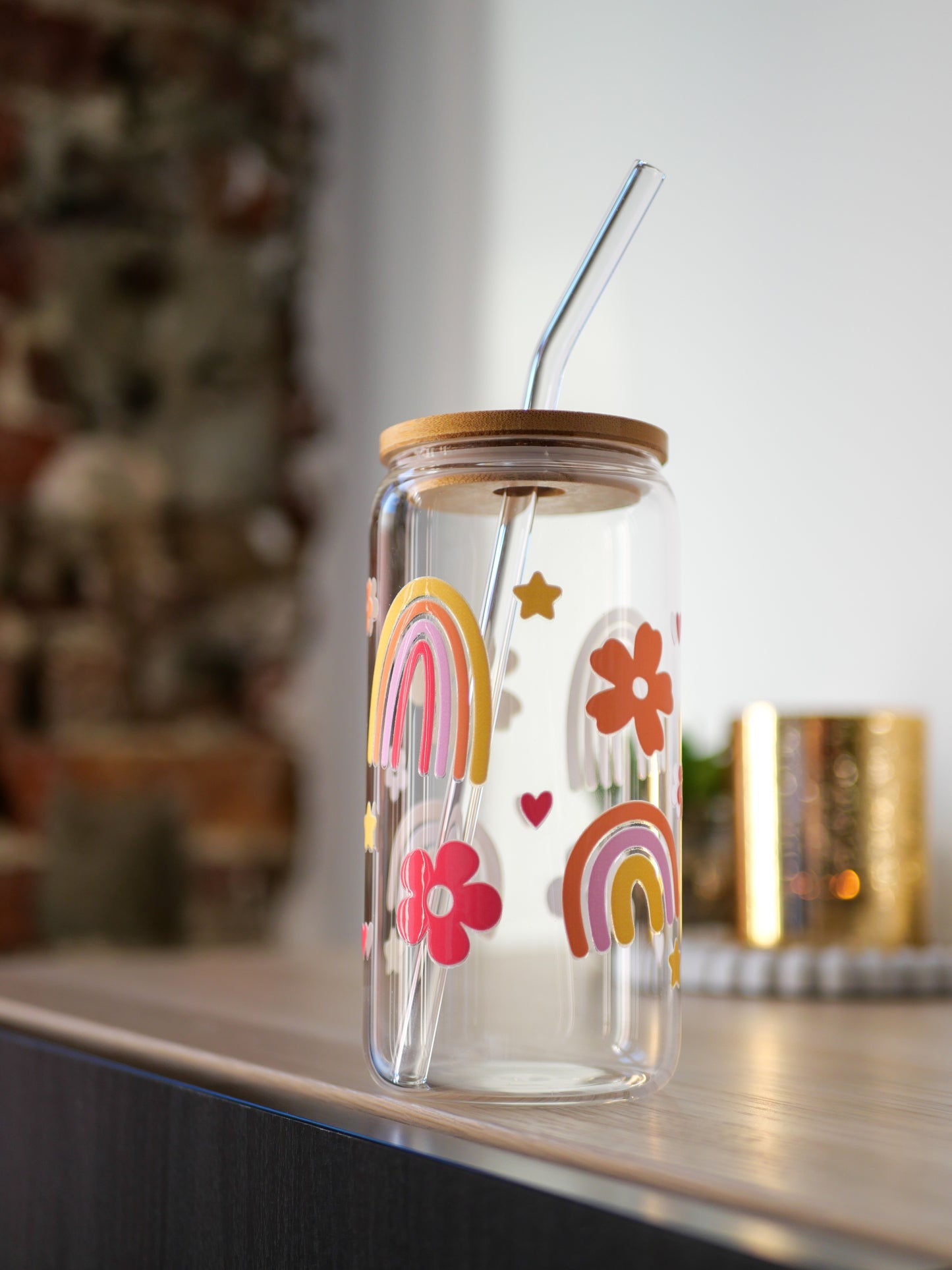Gobelet en verre personnalisé Rainbow 🌈 avec paille en verre et couvercle en bambou 🧋