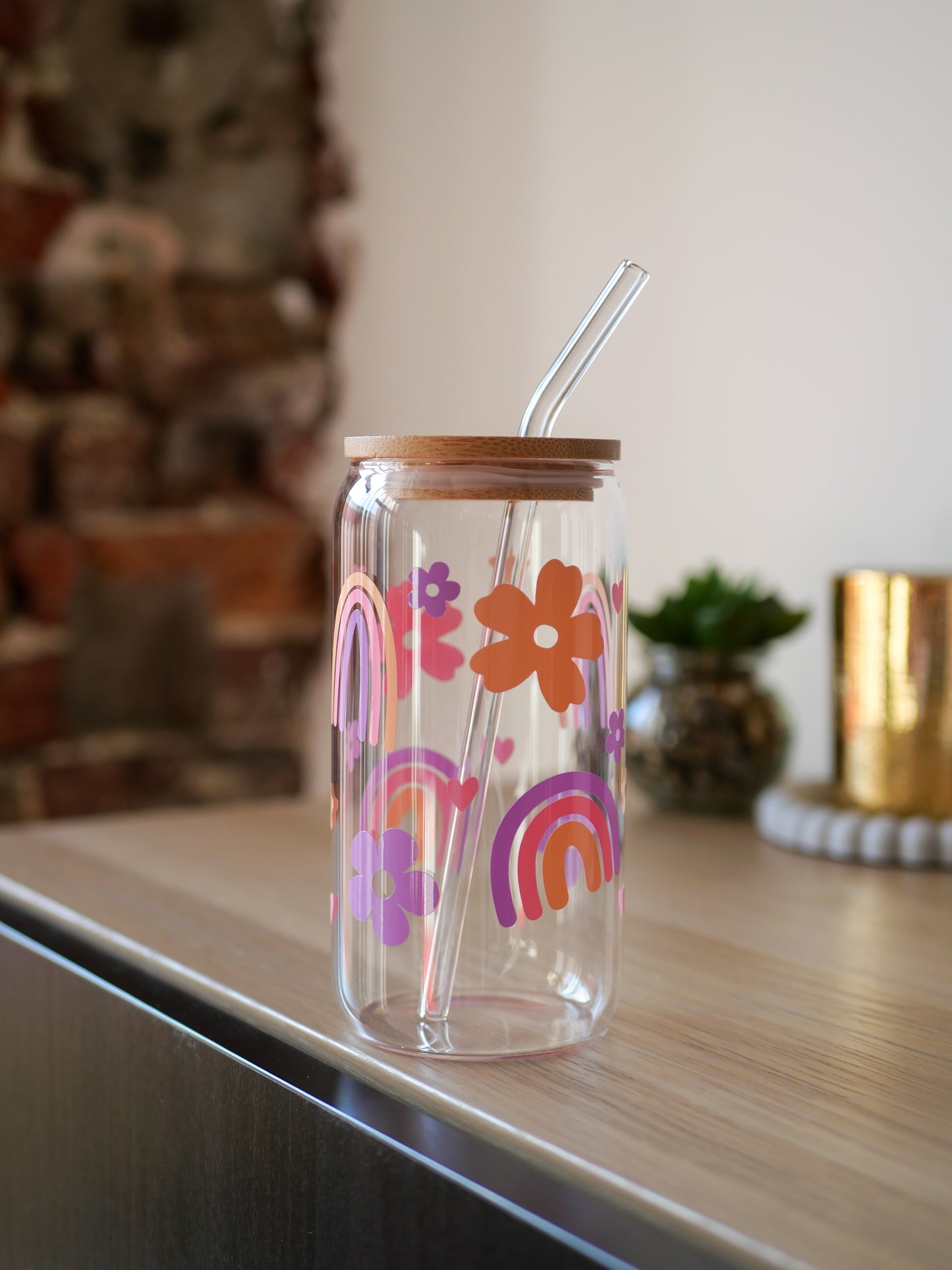 Gobelet en verre personnalisé Rainbow 🌈 avec paille en verre et couvercle en bambou 🧋