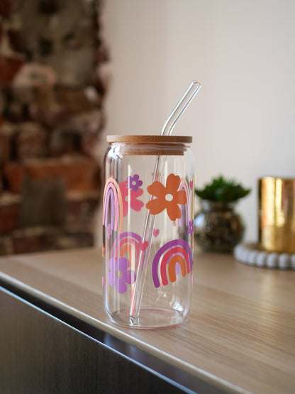 Gobelet en verre personnalisé Rainbow 🌈 avec paille en verre et couvercle en bambou 🧋